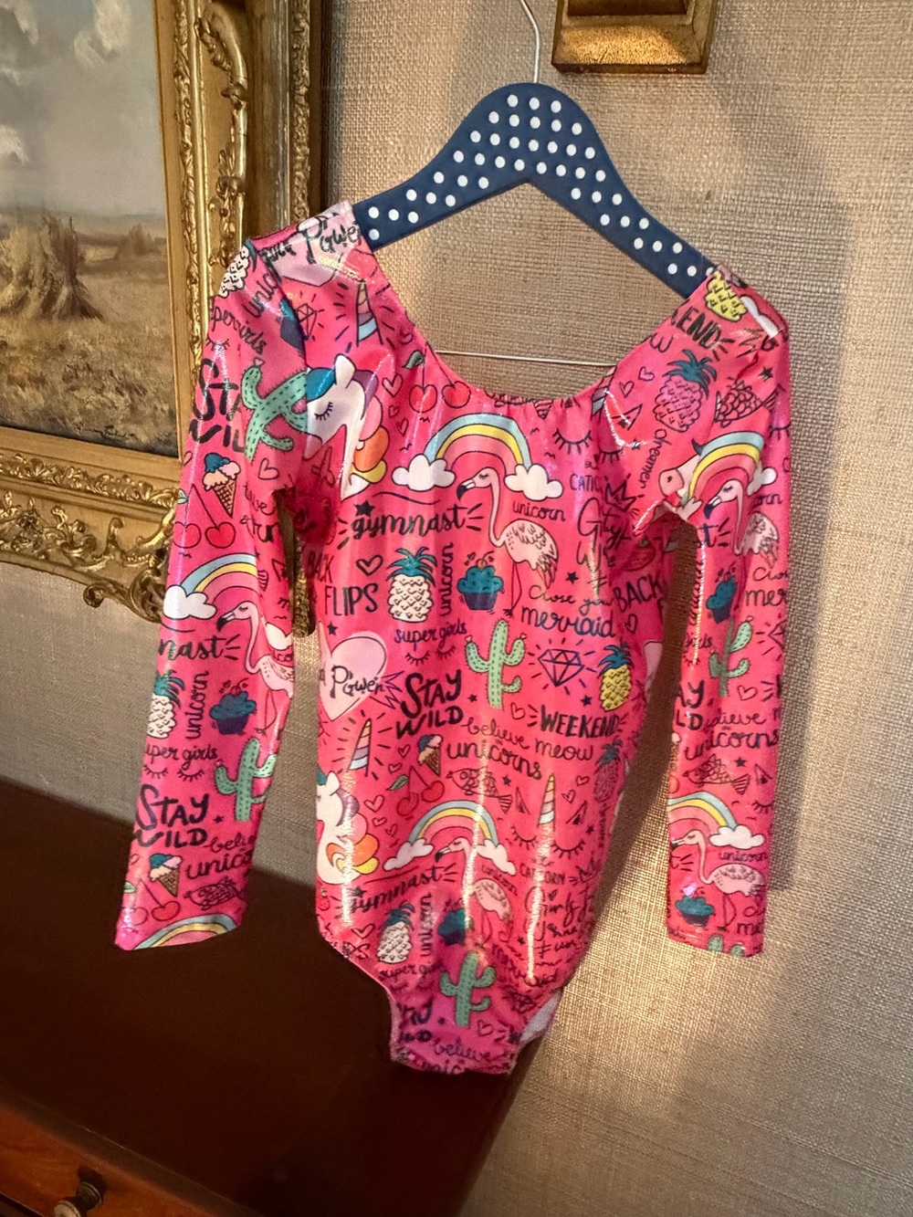 Pink Girls' Long-Sleeve Unicorn & Rainbow Leotard